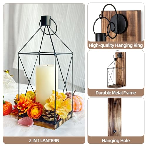 Wood Wall Candle Sconce with Black Lantern (Brown)