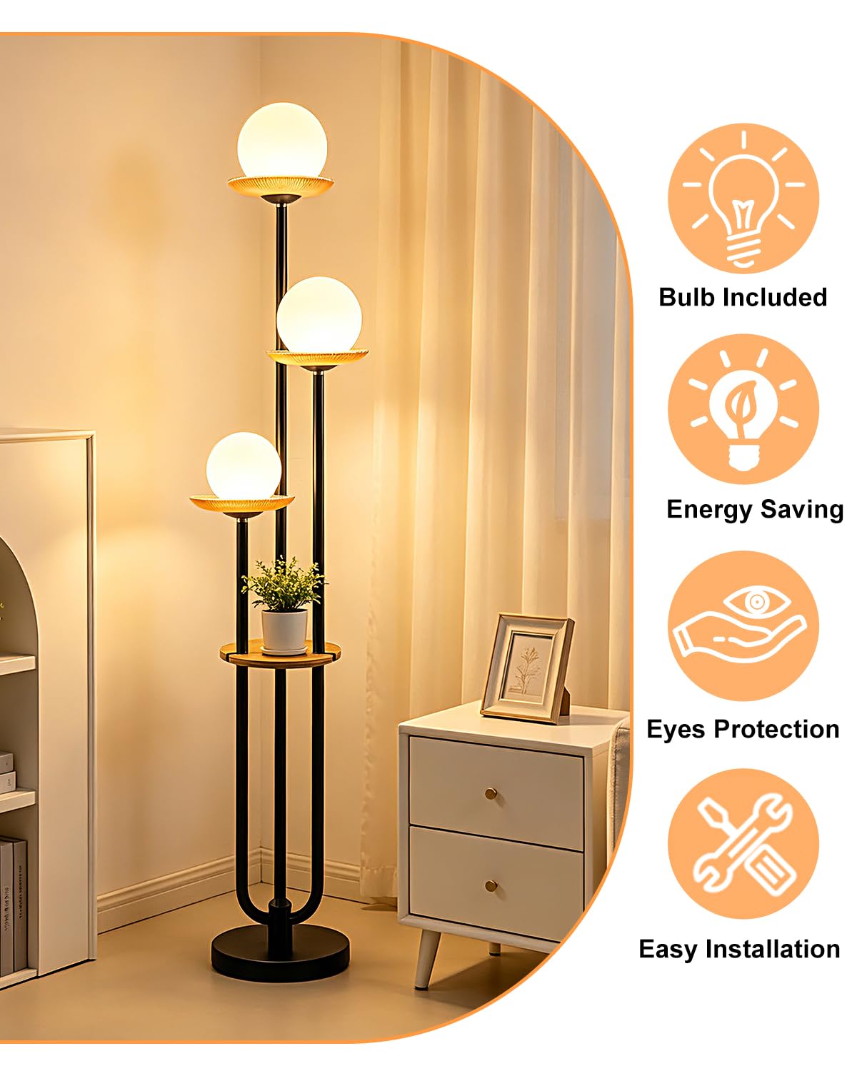 3 Globe Floor Lamp with Amber Glass Tray Black Dimmable Tall Lamp (Brown-3U Black)