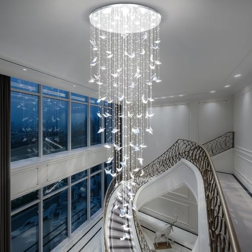 High Ceiling Chandelier Modern Crystal Chandeliers Lighting Raindrop Large Chandelier for Staircase Foyer Entryway Living Room Dimmable 3000 (Silver / Dia 40")