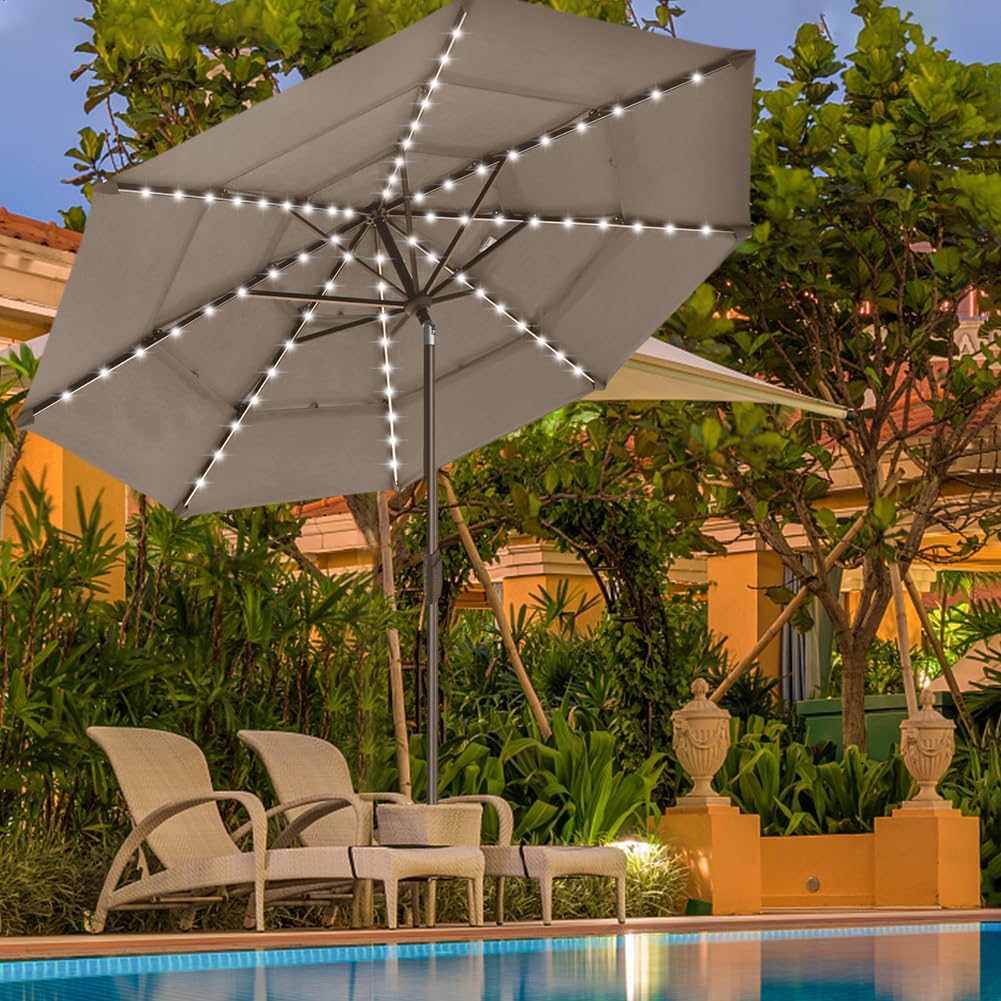 USA 10-Year-Non-Fading 9ft 3-Tier Market Patio Umbrella, Commercial Table Umbrella with 80 Solar LED Lights, Crank Open, Windproof & UPF 50+ UV Protection for Garden, Deck, Pool, Backyard, Mushroom (Mushroom / 9 FT(Triple Vents Tilt))