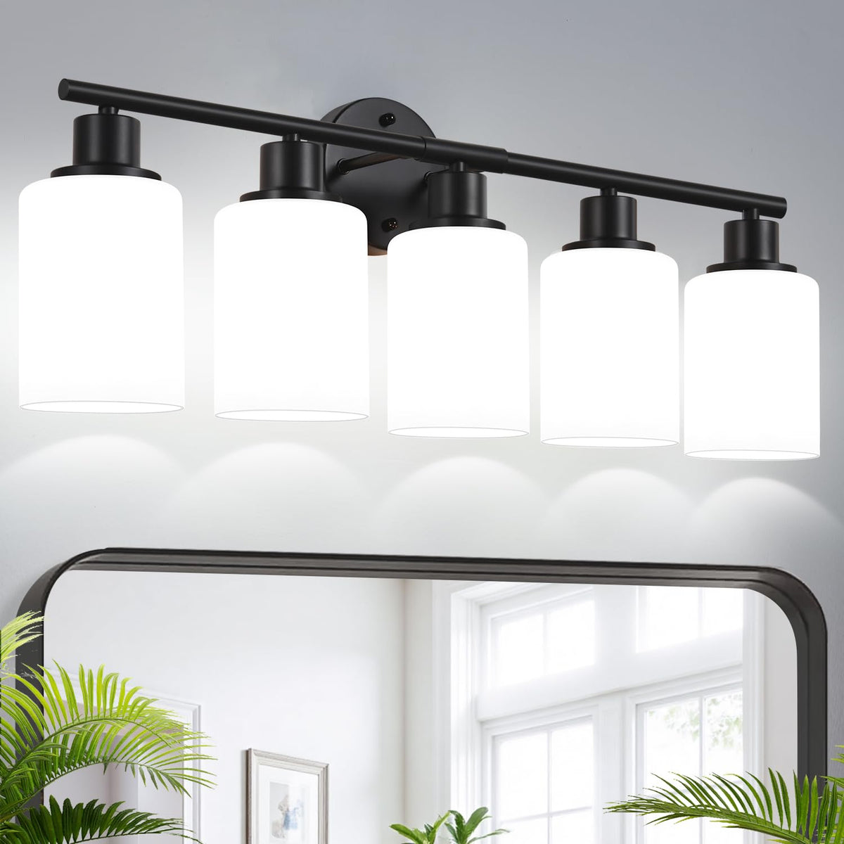 5 Light Bathroom Light Fixtures (Matte Black & Milky White Glass / 5-light)
