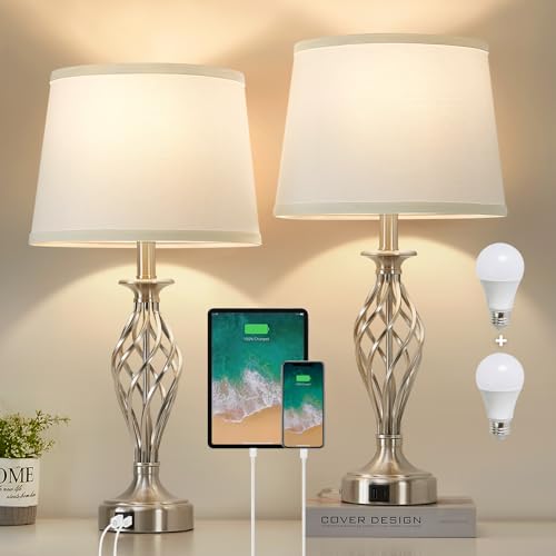 Table Lamp for Bedroom Set of 2 with USB C+A Ports (Silver Base + White Lampshade)