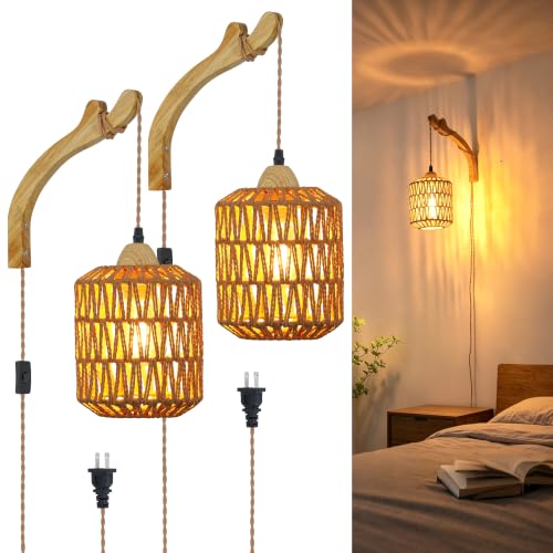 Frideko Plug in Wall Sconces Set of Two Hand Woven Lamp with Cord Rattan Lights Farmhouse Sconce Mounted Light Boho Lighting for Bedroom Living Room (Brown(2PC))