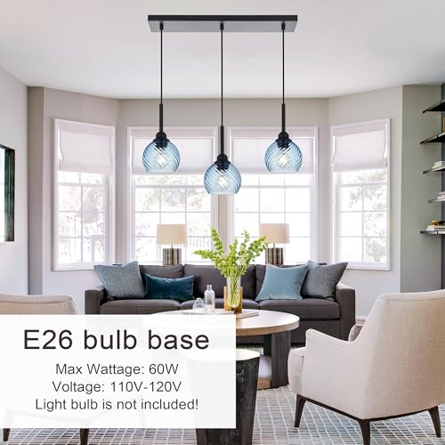 3 Light Island Lights for Kitchen with Striped Swirl Globe Glass (Blue / 3-Light-Straight Bar)