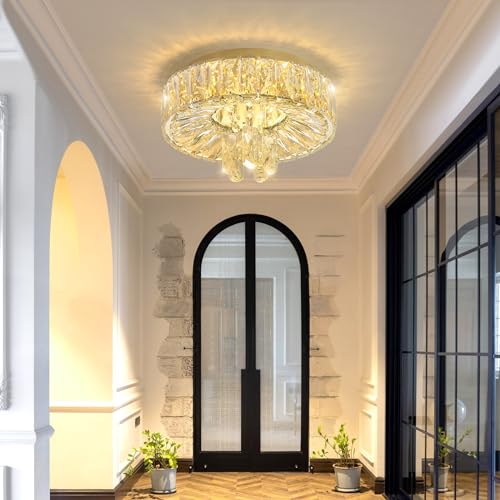 Mini Chandelier Modern Crystal Chandeliers for Hallway LED Flush Mount Ceiling Light Dimmable Light Fixture for Dining Room Living Room Bedroom (Gold / 11.8" Width)
