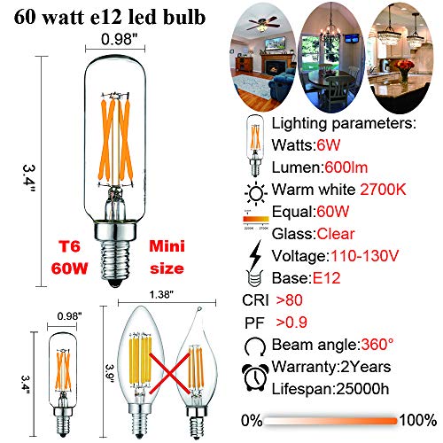 E12 T6 Candelabra Light Bulbs 60 Watt (Warm White 2700k 6w)
