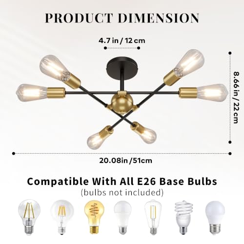 Modern Sputnik Chandelier Ceiling Light Fixtures (Black and Gold-B / 6-Light)