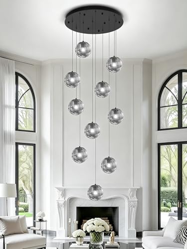 H138 Modern Smoke Glass Globe Chandelier Large Chandeliers for High Ceiling 10 (Smoke Grey / Globe 10-Light)