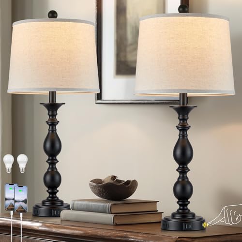 28" Black Modern Table Lamps Set of 2 with USB C+A Ports and AC Outlet (Black-2 Pack)