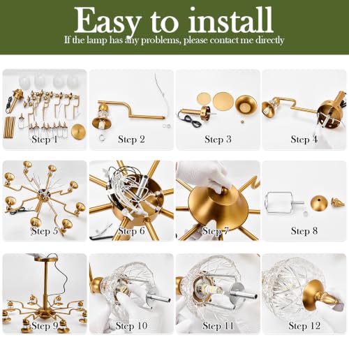 Vintage Gold Sputnik Chandelier 8 Lights Crystal Adjustable Hanging Ceiling Light Fixture Antique Large Pendant Lighting with Glass Globe Shade for Living Room Dinning Room Bedroom Kitchen (Gold / 8 light)