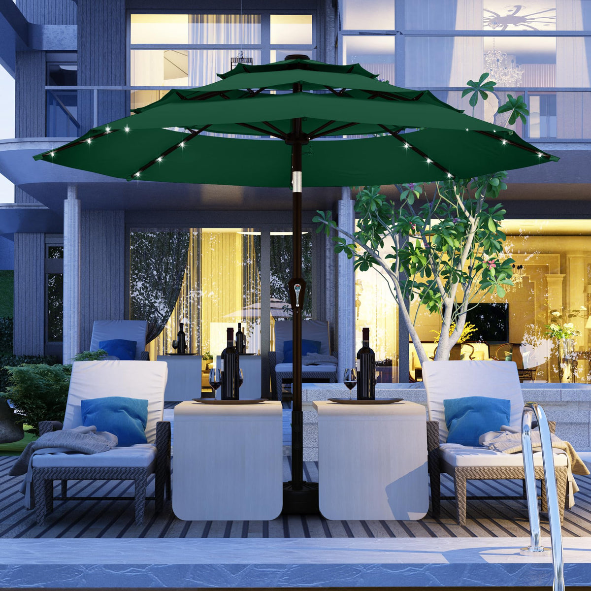 9ft 3 Tier Patio Umbrella with Solar Lights (Dark green / 9 FT)
