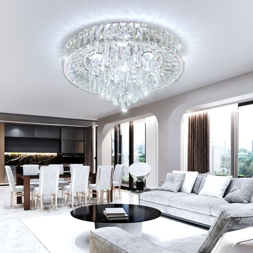 Modern Crystal Chandeliers for Dining Room LED Light Fixture Close to Ceiling Chandelier Flush Mount Ceiling Light Dimmable Lamp with Remote for Living Room Bedroom Hallway 2700K 6000K (Silver / 19.7" Width)