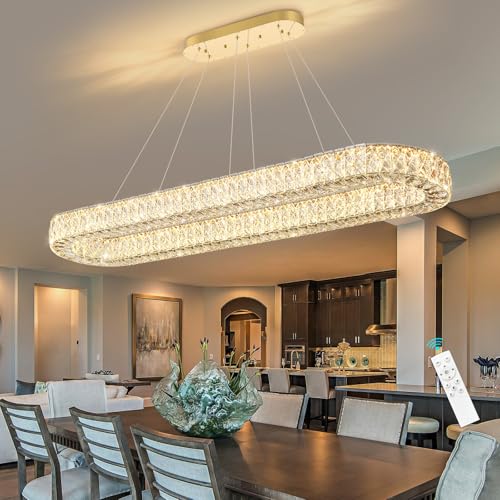 Modern Oval Crystal Chandelier for Dining Room Rectangular Ceiling Light Fixture Dimmable LED Chandeleirs for Living Room Kitchen Island Gold (Gold / Oval 59" x 12")