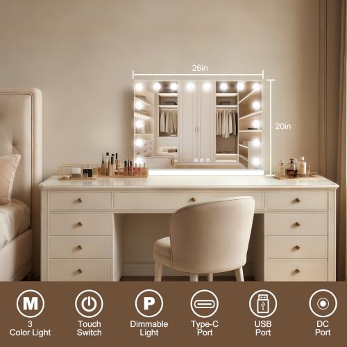 Vanity Mirror with Lights (White / 26"L x 20"W)