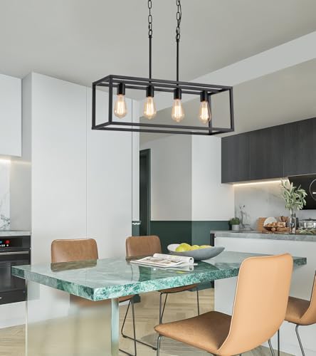 Black Rectangle Island Lighting Rectangular Modern Industrial Chandelier 4 Lights Linear Vintage Cage Light Fixtures for Kitchen Dining Room (4-Lights)