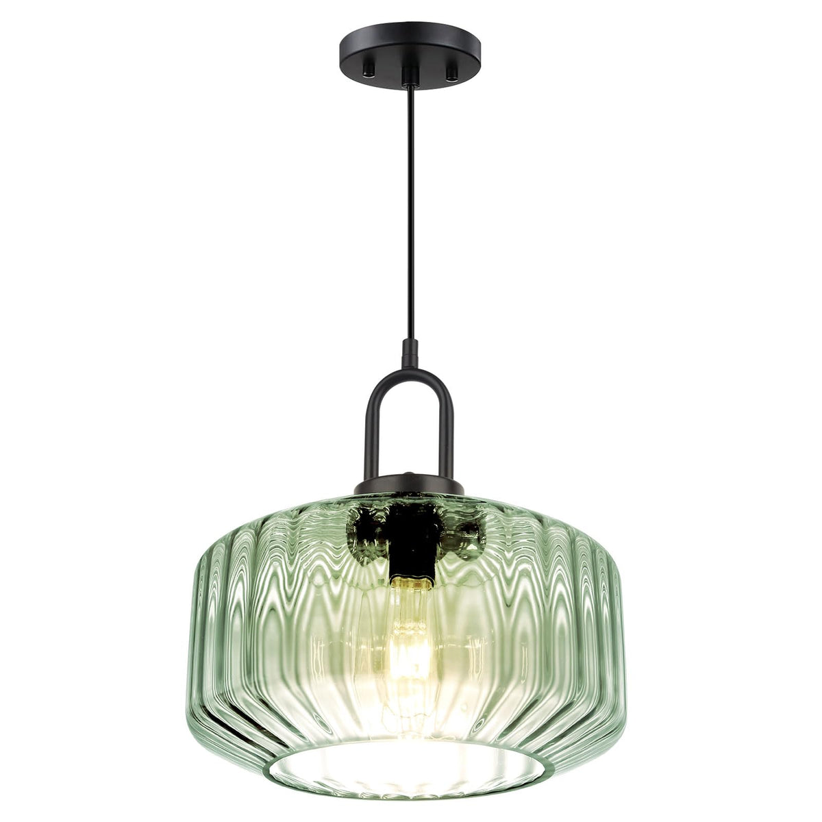 Modern Hanging Lights Light Green Pendant Light Fixtures Mid Century Large Glass Pendant Lights 11" Striped Glass Shade Black Schoolhouse Ceiling Light Fixture Kitchen Hanging Lamp (Light Green)