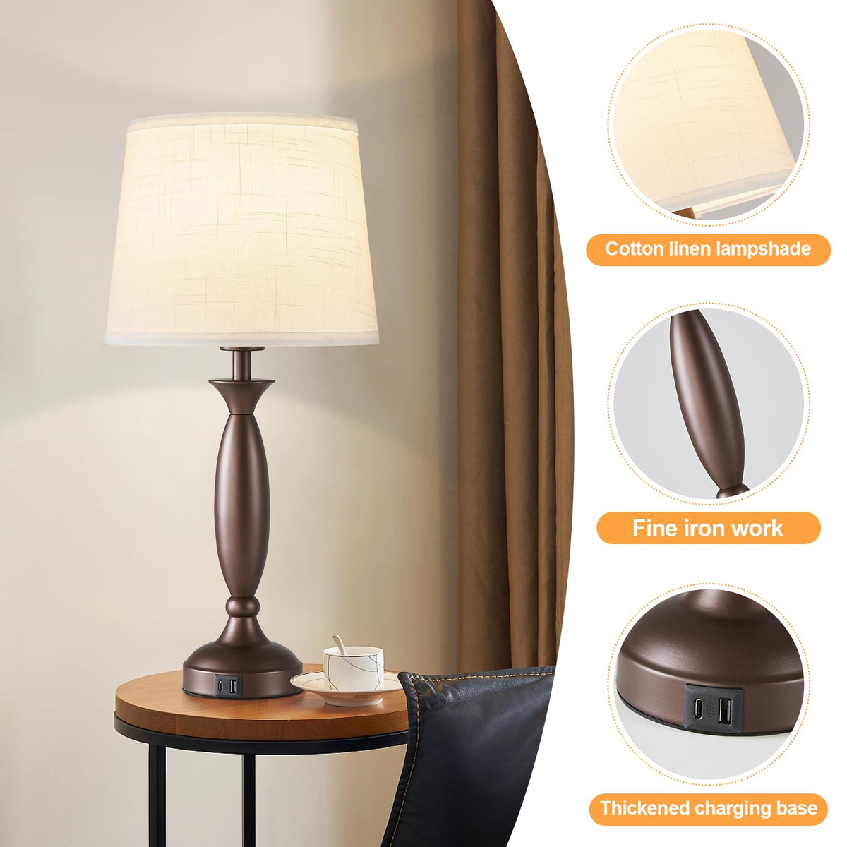 23" Touch Lamps for Nightstand Set of 2 (Brown & White Shade)