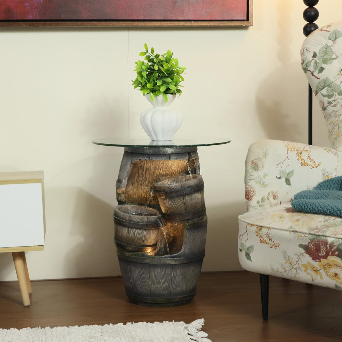 Rustic Barrel Outdoor Water Fountain with Glass Tabletop (22.83inch)