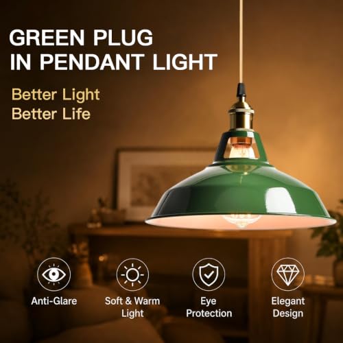 Plug in Pendant Light Hanging Lights with Plug in Cord Boho Hanging Lamp Gold Mid Century Modern Vintage Dimmable Green Plug in Chandelier Ceiling Fixture for Living Room (Pendant Light-28)