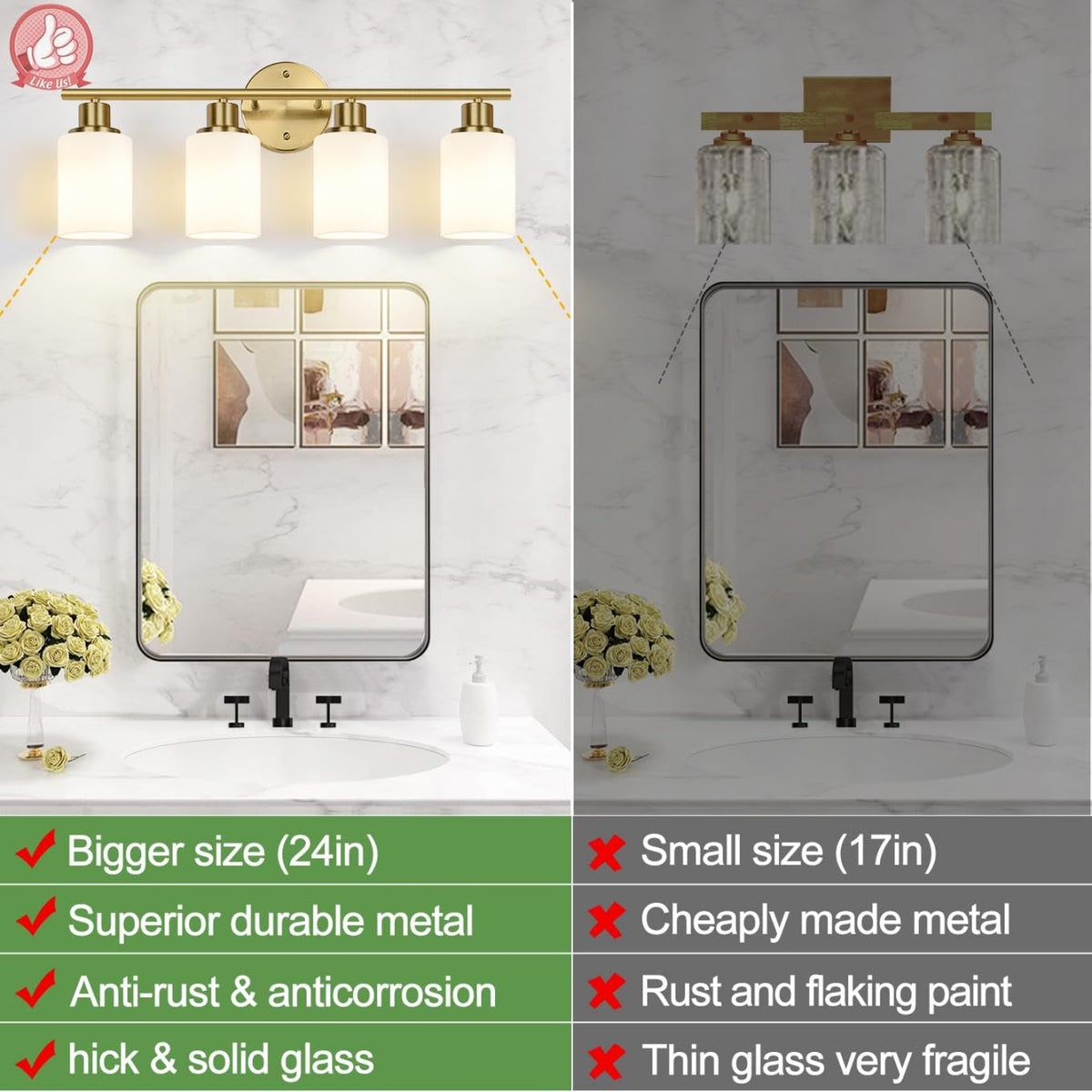 4 Light Bathroom Light Fixtures (Brushed Gold & Milky White Glass / 4-light)