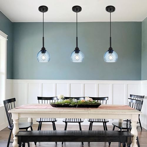 3 Pack Dining Room Light Fixture with Blue Striped Swirl Globe Glass (Blue / 1-Light-3 Packs)