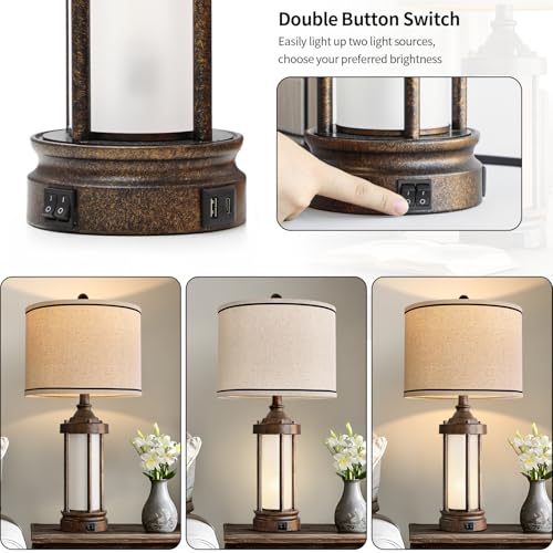 25'' Table Lamp for Living Room Bedroom Farmhouse Metal Lamps with 2 USB Ports (Bronze)