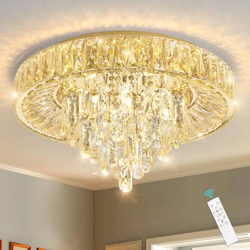 Modern Crystal Chandeliers for Dining Room LED Light Fixture Close to Ceiling Chandelier Flush Mount Ceiling Light Dimmable Lamp with Remote for Living Room Bedroom Hallway (Gold / 19.7" Width)