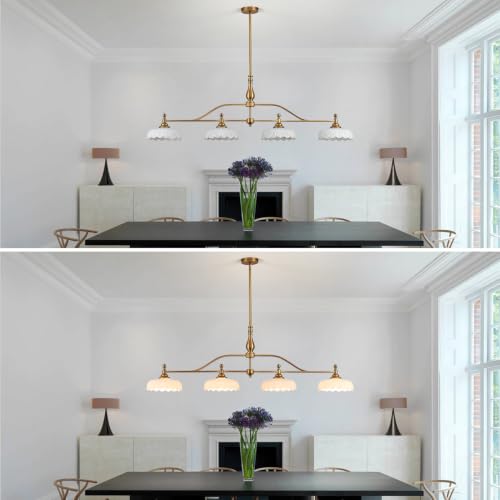 Chandeliers Brass Vintage Pendant Lighting Fixtures 4 Lights Chandelier White Glass Hanging Lamp for Island Dining Room Living Room (Brass and White / 59inch)