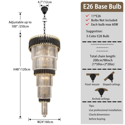 Staircase Chandeliers for High Ceiling Large Black and Gold Crystal Chandelier Long Entryway Chandeliers Adjustable Chain for Foyer Living Room Entryway 24″W x 48″H (D24"XH48" Black)