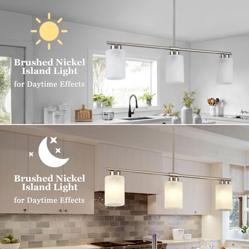 3 Light Kitchen Island Lighting Brushed Nickel Dining Room Light Fixture with Milk Glass Shade 31" Modern Linear Chandelier Adjustable Hanging Pendant Lighting Over Island Dining Table Living Room (Silver / 3-light)