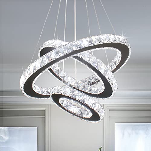 Modern LED Crystal Chandeliers 3 Rings Pendant Light Adjustable Height Ceiling Lamp for Dinning Room Bedroom Living Room