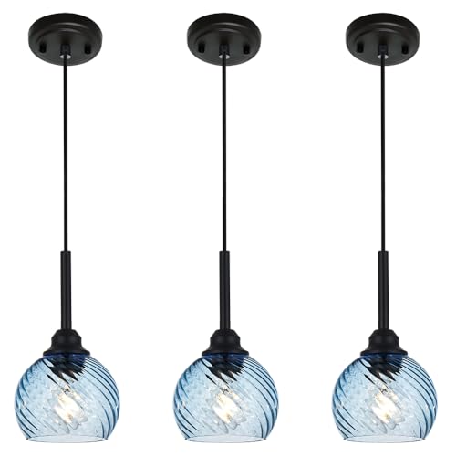 3 Pack Dining Room Light Fixture with Blue Striped Swirl Globe Glass (Blue / 1-Light-3 Packs)