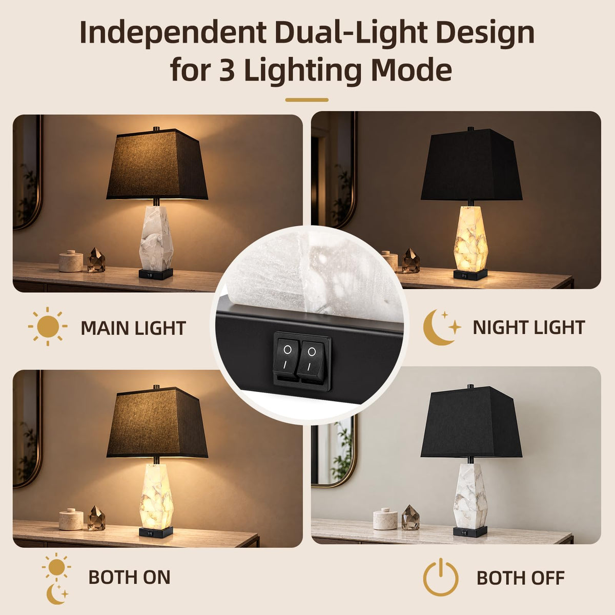 25" Alabaster Table Lamps Set of 2 with Night Light (Ivory White)