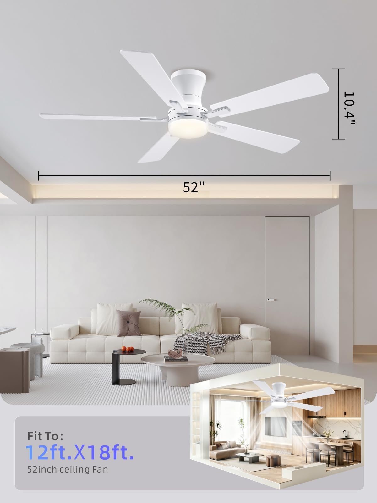 52 Inch White Low Profile Ceiling Fan with Light and Remote (White / 52 Inch)