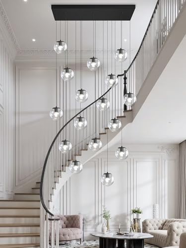 Black Rectangular Chandelier Globe Chandelier for Dining Room Large Chandeliers for High Ceiling 16 (Black-Clear / Rectangle 16-Light)
