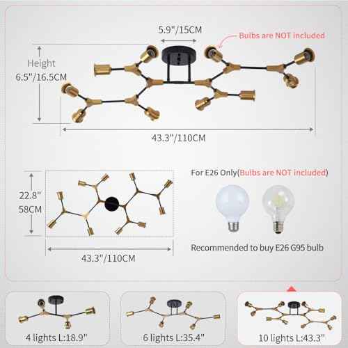 Modern Gold and Black Sputnik Semi Flush Mount Ceiling Light Fixture (Gold and black / 10 Light)