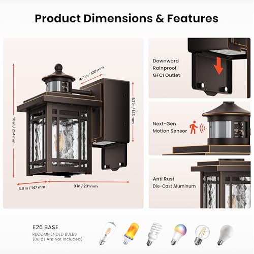Outdoor Porch Light with Outlet (ORB(Gold Trim) / 2-pack)