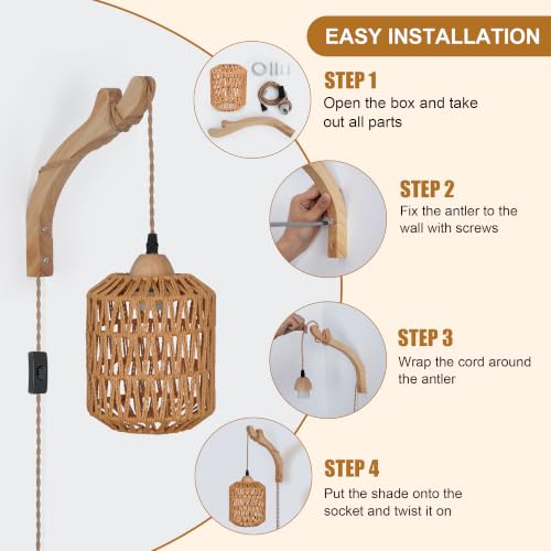 Frideko Rattan Wall Lamp with Plug in Cord Hand Woven Plug in Wall Sconces Paper Rope Wall Light Farmhouse Wall Sconce Wall Mounted Light Boho Wall Sconces Wall Lighting for Bedroom Living Room (Brown(1PC))