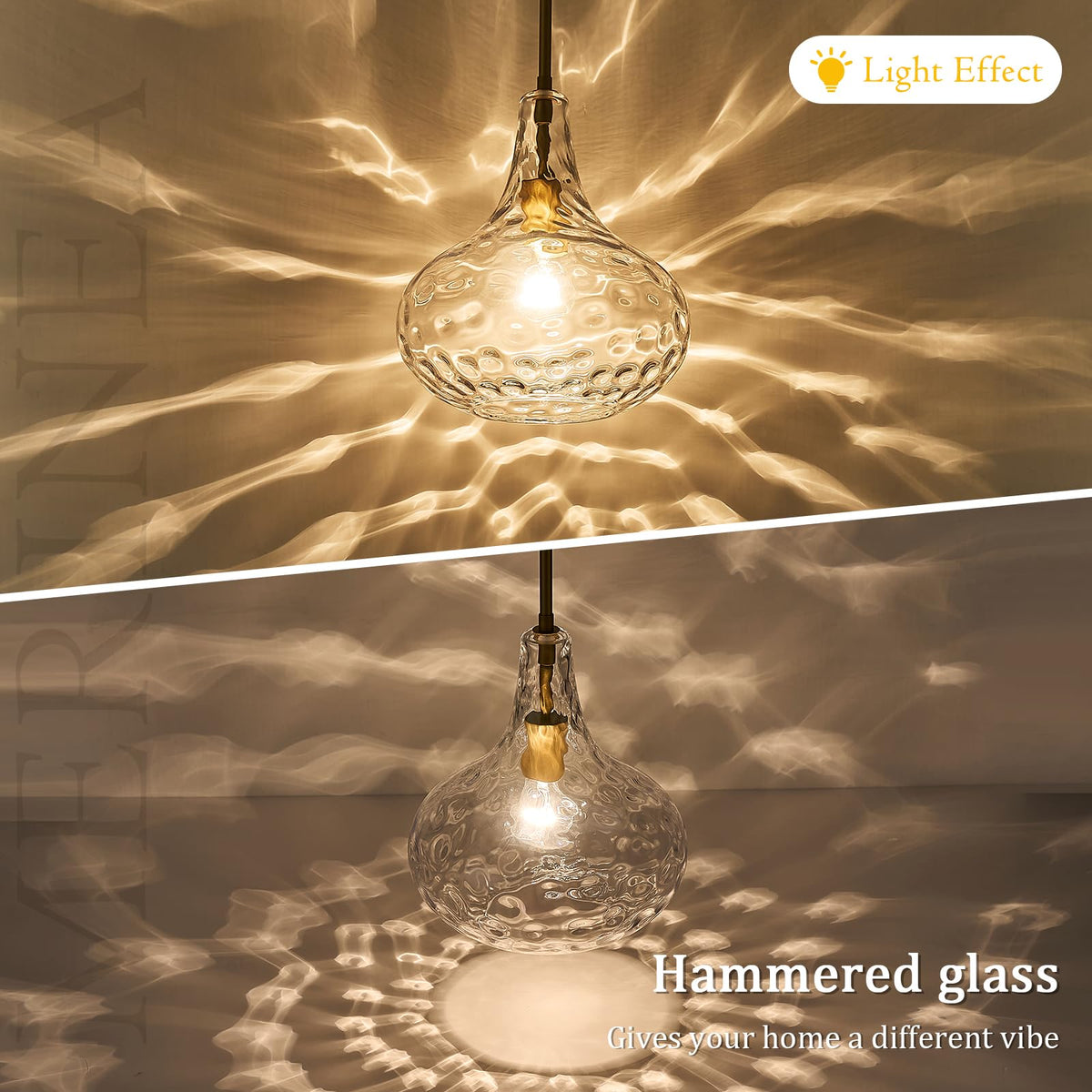 11" Clear Hammered Glass Pendant Light (Gold)