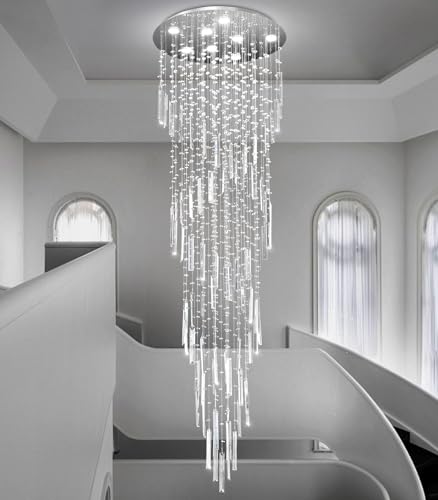 D24'' x H78'' Modern Crystal Chandelier High Ceiling Chandeliers for Entryway Glam Chandelier Large Raindrop Chandeliers LED Dimmable Light Fixtures for Staircaes Foyer Hallway Living Room (D24'' x H78'' Silver)