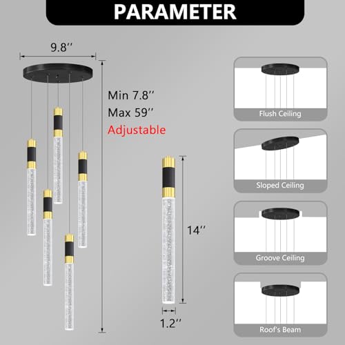 5 Lights Chandelier Kitchen Island LED Pendant Lights Dimming Lighting Modern Crystal Adjustable Hanging Light (5 lights Cylindrical)