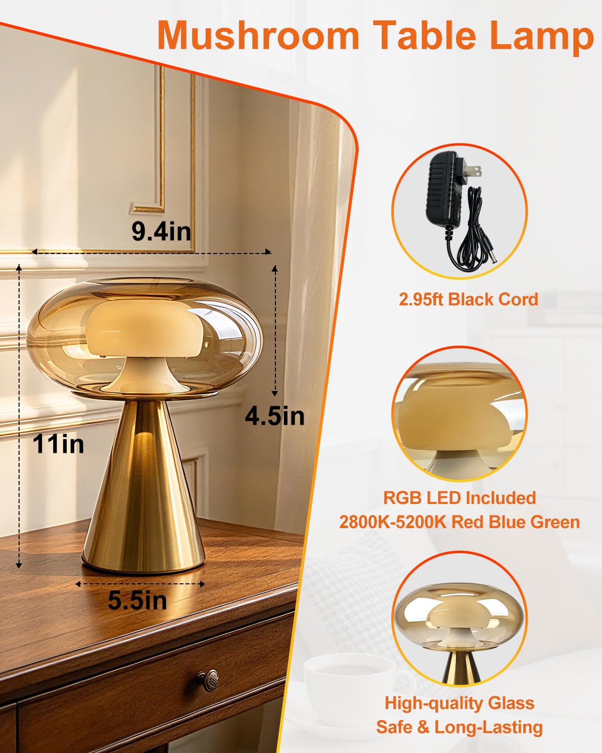 Mushroom Table Lamp Dimmable RGB Ambient Lighting Bedside Lamp (26-Gold-Mushroom)