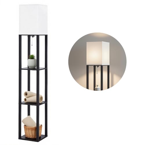 Floor Lamp with Shelves (Black(White Shade))