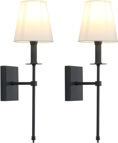 Set of 2 Classic Rustic Industrial Wall Sconce Lighting Fixture with Flared White Textile Lamp Shade and Antique Brass Tapered Column Stand