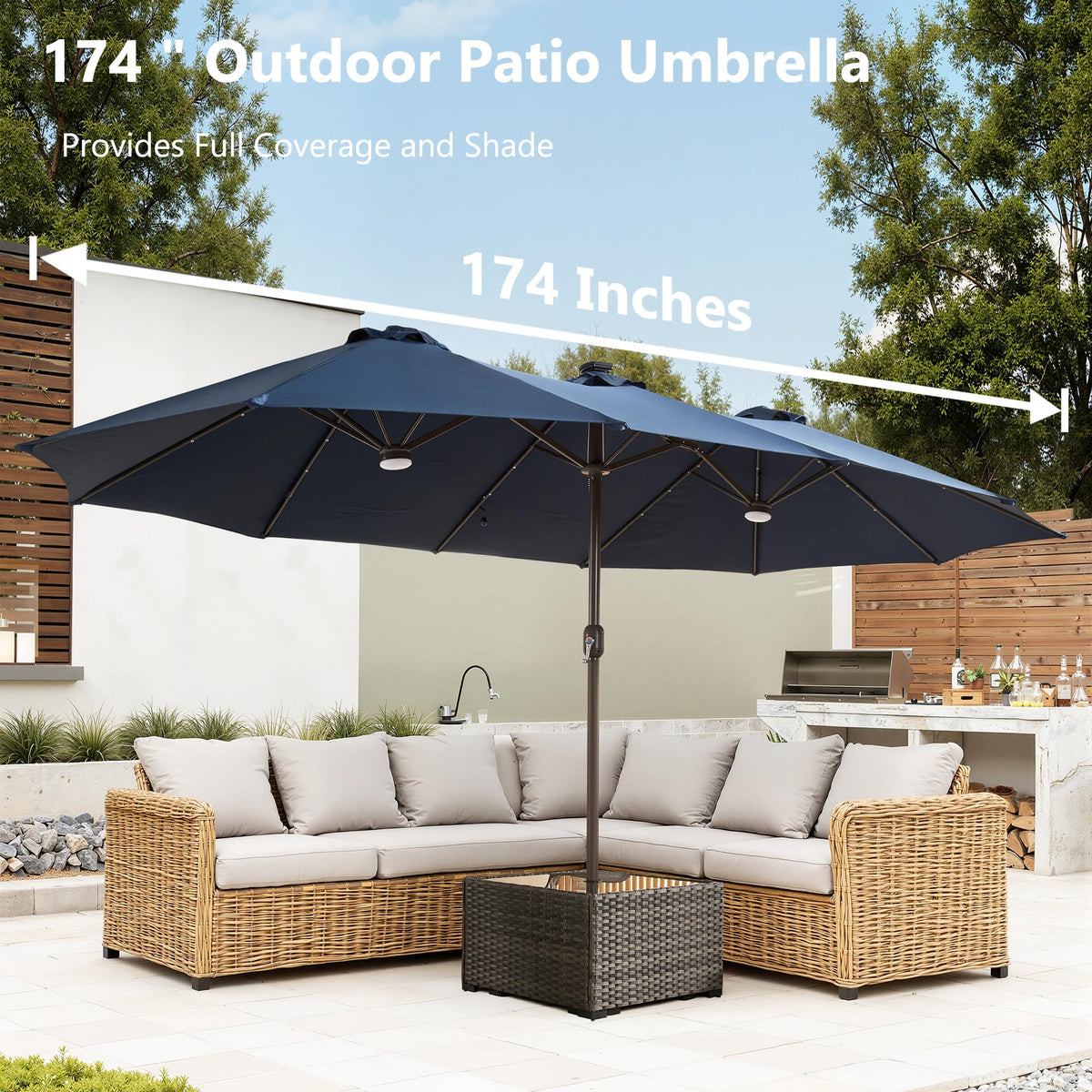15FT Double Sided Rectangular Patio Umbrella with USB Rechargeable Warm LED Lights (Blue)
