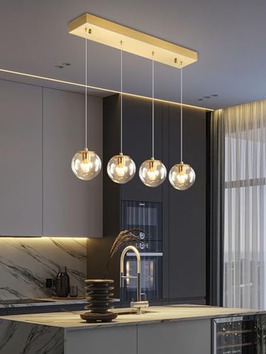 Chandeliers for Dining Room Gold Dining Room Lights Fixture Over Table Glass Globe Pendant Lights Kitchen Island Adjustable Hanging Lamp Ceiling for Bedroom Entryway Foyer (Gold-Clear / Rectangle 4-Light)