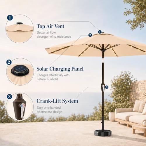 10FT Solar Patio Umbrella with Lights (Khaki / 10 FT)