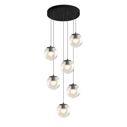6 Light LED Staircase Modern Glass Globe Pendant Light Large Chandeliers for High Ceilings (Black-Clear / Globe 6-Light)