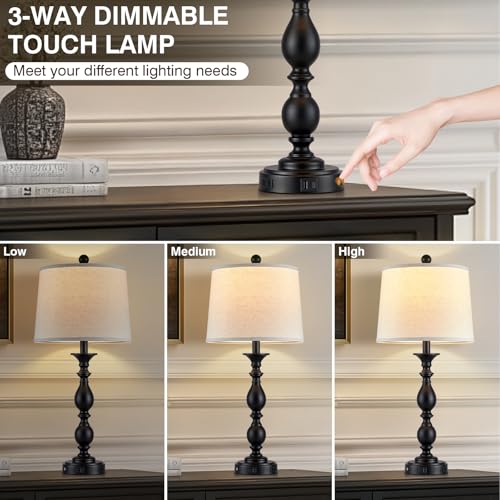 28" Black Modern Table Lamps Set of 2 with USB C+A Ports and AC Outlet (Black-2 Pack)