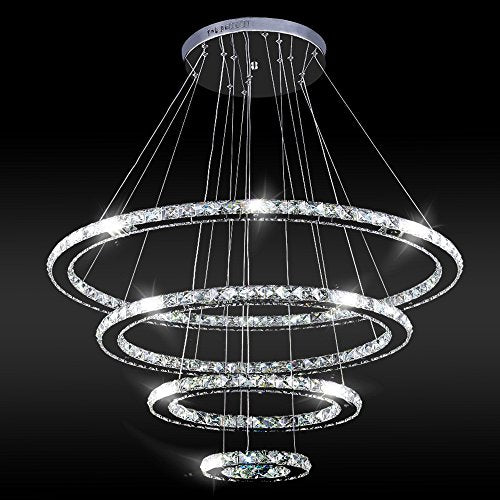 Crystal Chandeliers Modern LED Ceiling Lights Fixtures Pendant Lighting Dining Room Chandelier Contemporary Adjustable Stainless Steel Cable 4 Rings DIY Design D31.5+23.6"+15.7"+7.8" (31.5")